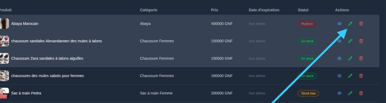 Bouton Modifier un produit dans TinaStock