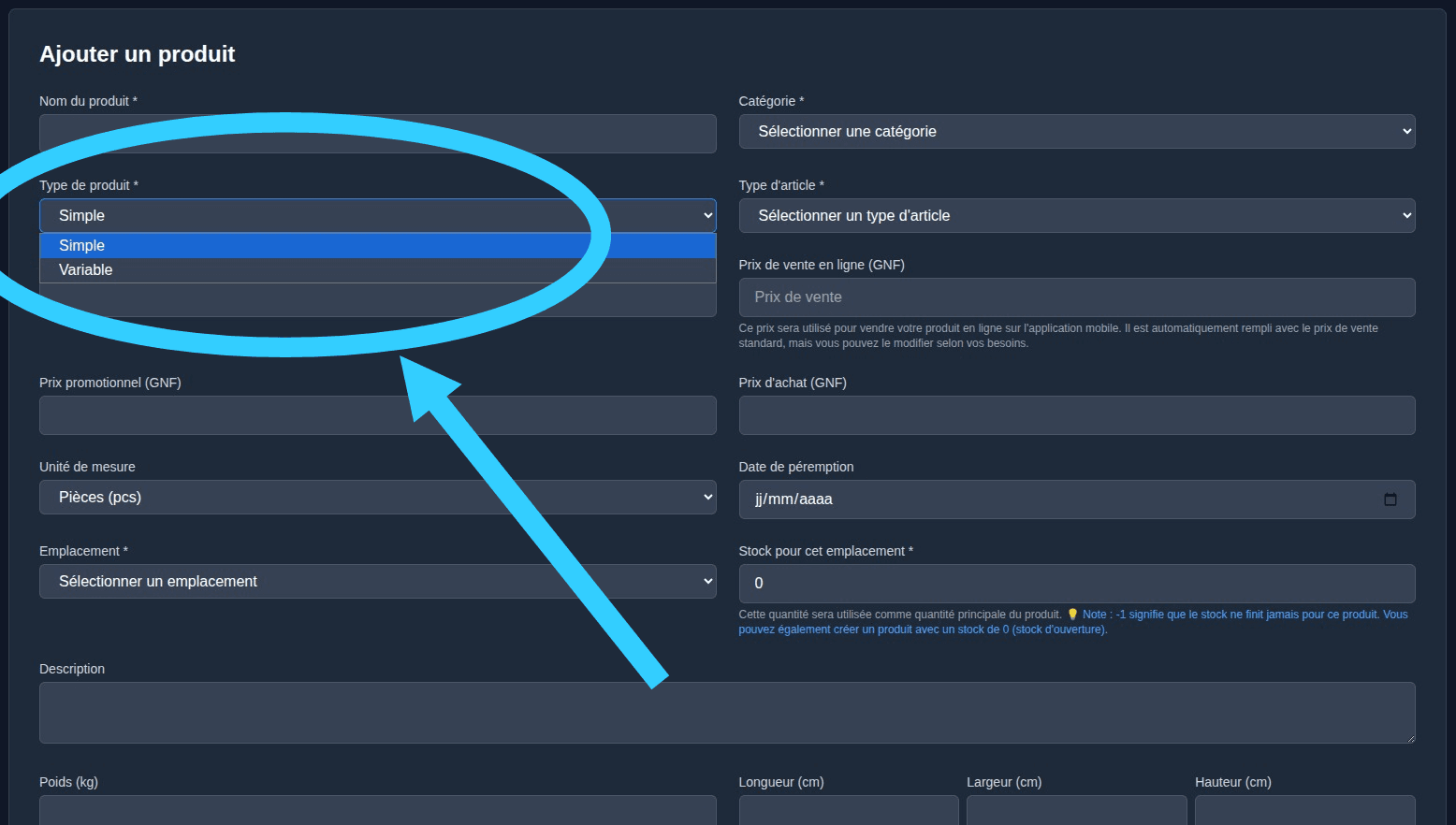 Choix du type de produit dans TinaStock