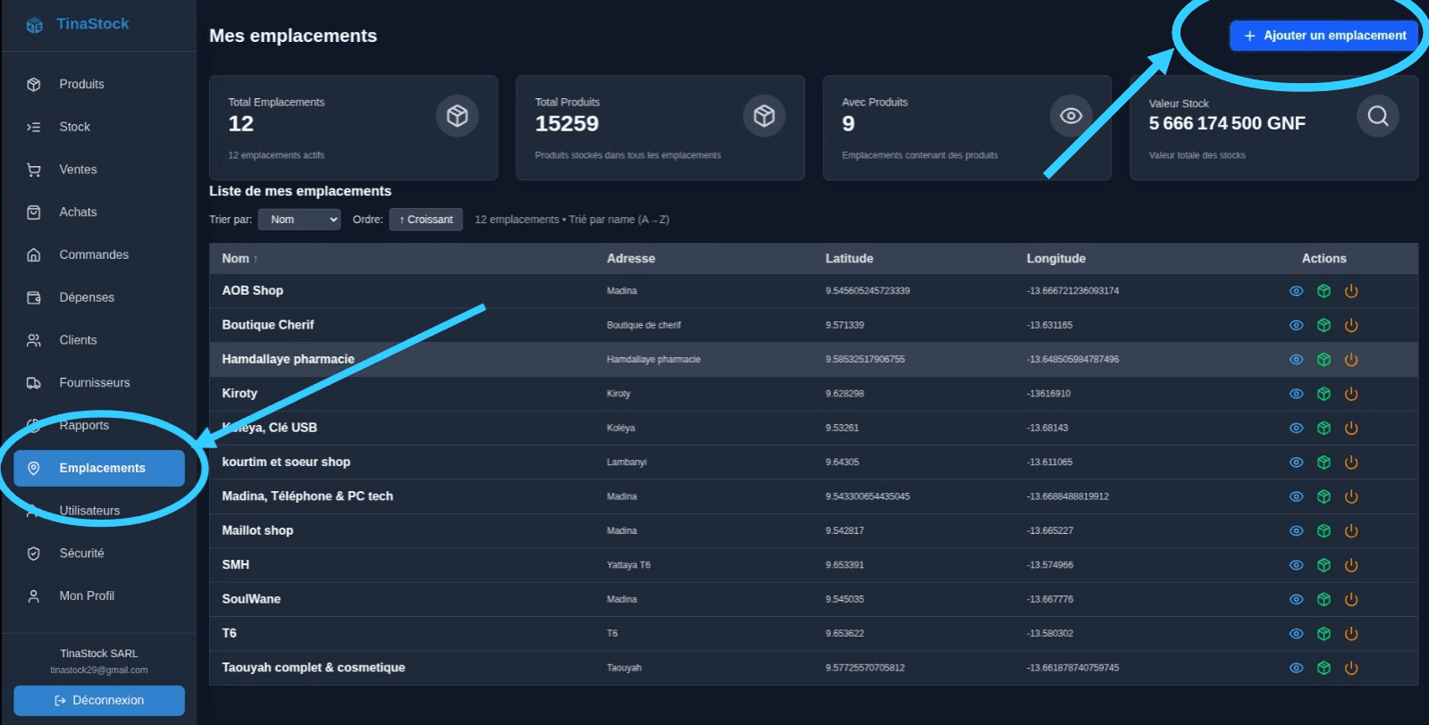 Interface de la page des emplacements
