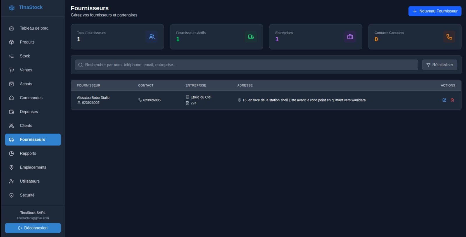 Interface de gestion des fournisseurs