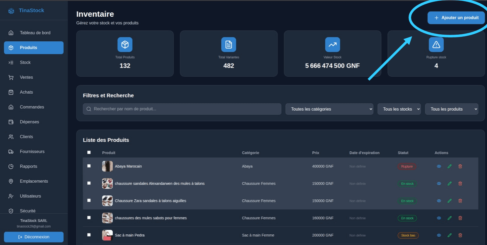 Page de création d'un produit dans TinaStock