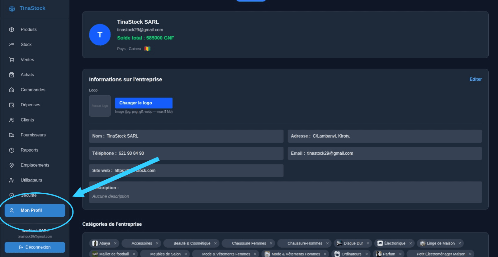 Accès au profil depuis le sidebar