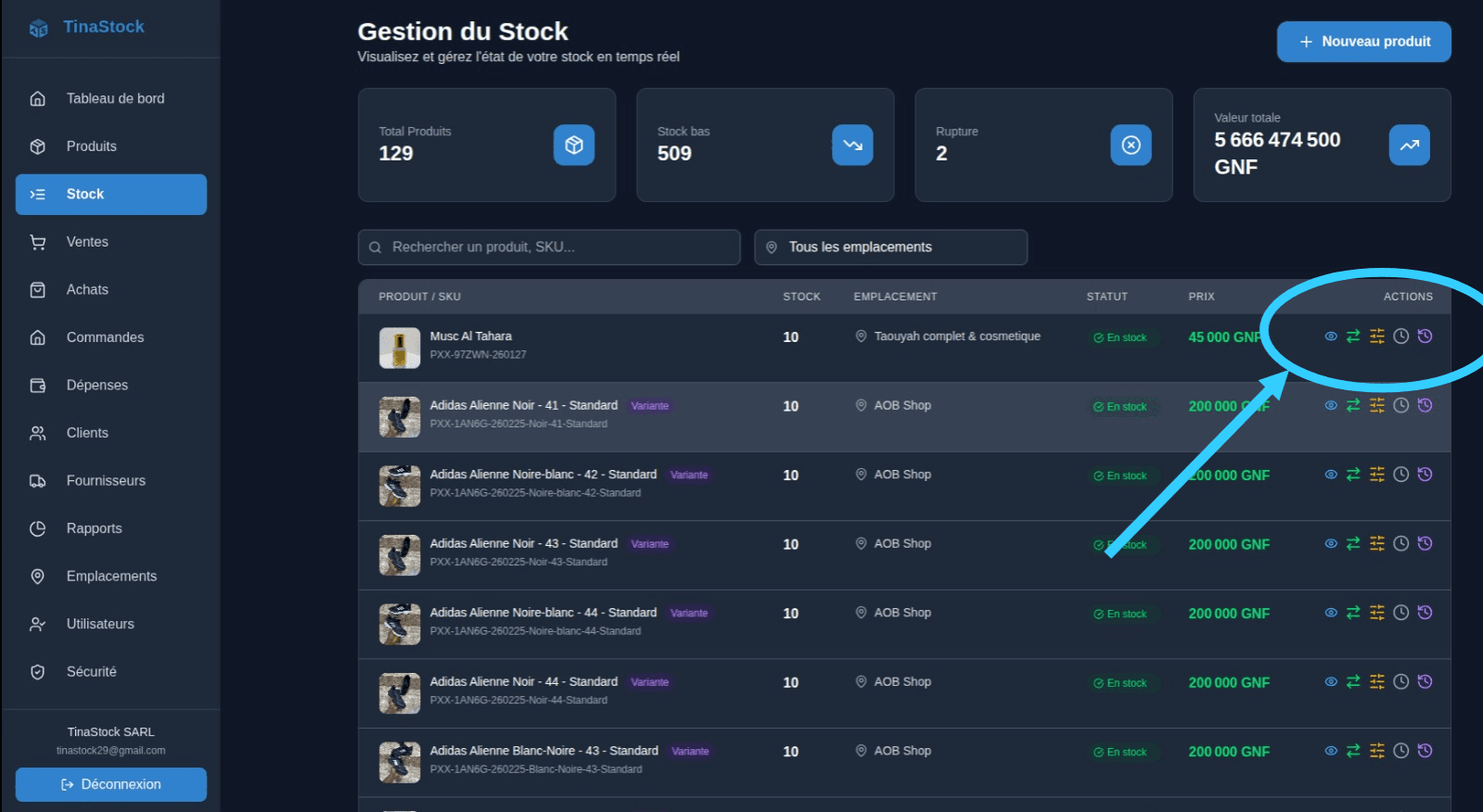 Liste des produits et actions de stock