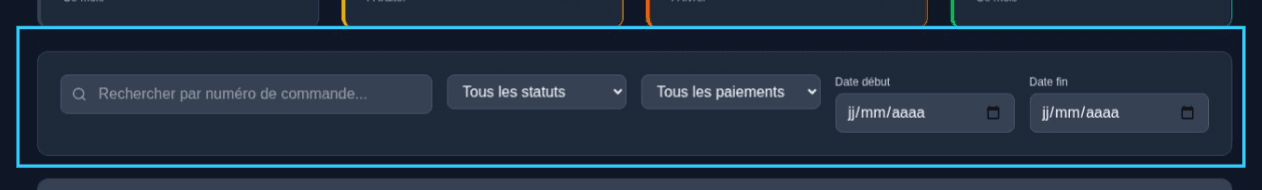 Filtres et recherche sur la page commandes TinaStock